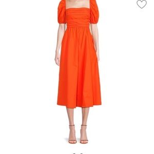 Elegant and Fun Orange Puff Sleeve O.P.T. Midi Dress